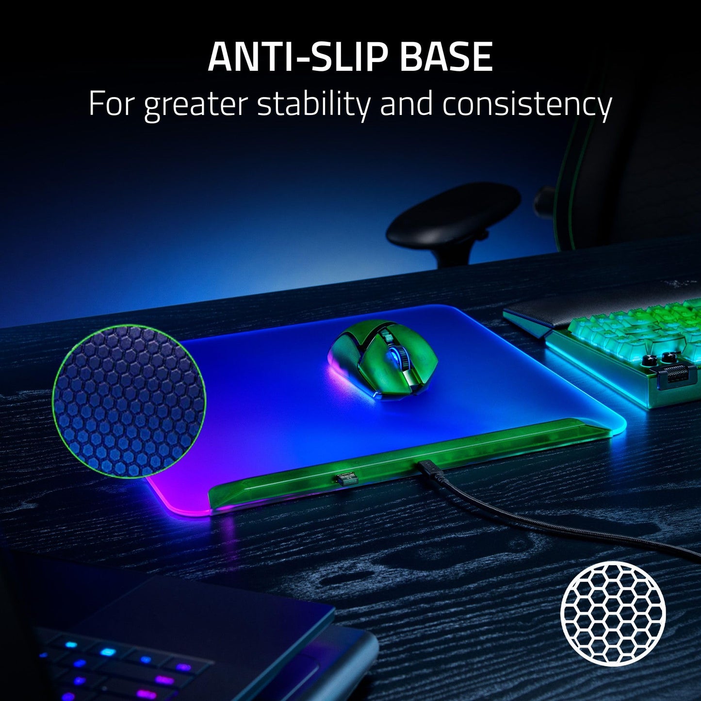 Razer Firefly V2 Pro Fully Illuminated RGB Gaming Mouse Mat: Backlit Design - 15 Zone Lighting - USB 2.0 Port - Detachable USB Type C Cable - Micro Textured Surface - Anti Slip Base - Phantom Green