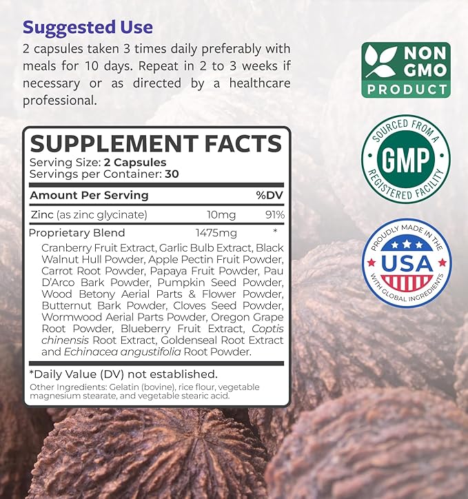 Intestinal Guard (Non-GMO) - Potent Natural Formula with Wormwood, Black Walnut, Goldenseal, PAU D'Arco, Clove, Garlic, More - All in One Supplement - 60 Capsules (No Pills)