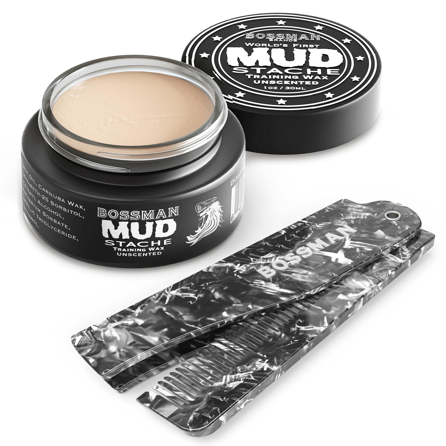 Bossman MUDstache Unscented Mustache Wax for Men & Acetate Folding Comb - Styling and Grooming Combo
