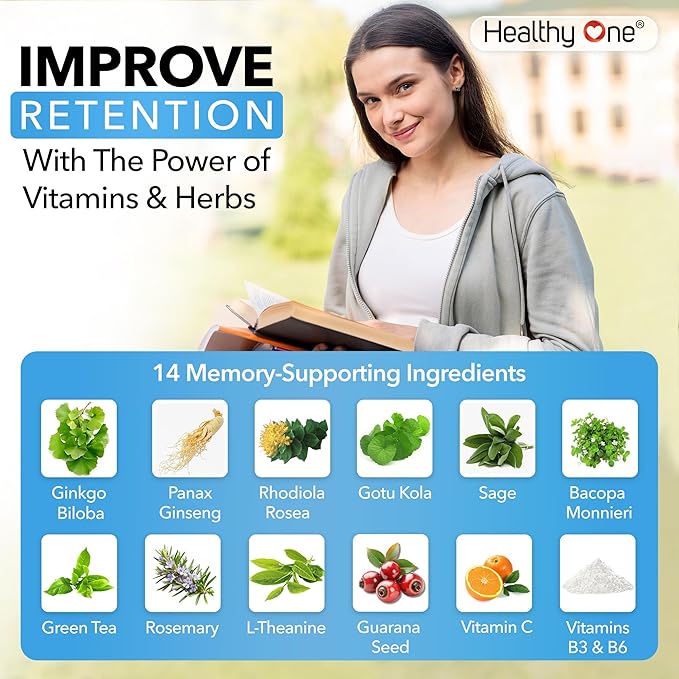 Healthy Mind - Safe for Teens - Brain Fog - Cognitive Function - Concentration - Focus - Neural Optimization - Mood - Ginkgo Biloba - Ginseng - Rhodiola - Bacopa - Gotu Kola - Green Tea - 120 Count