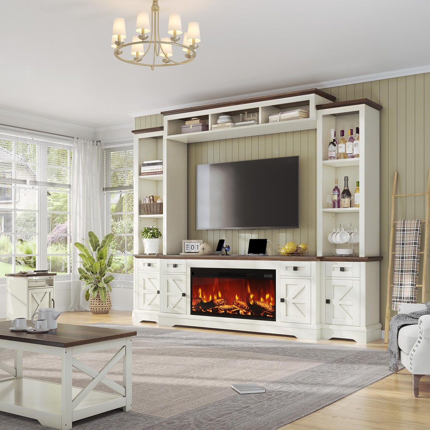 AMERLIFE 98in Farmhouse Entertainment Center with 36" Fireplace, TV Stand, Bookshelf, Wine Cabinet, Fits 78" TVs, Wall Unit Media Console with Power Outlets & Barn Doors, Living Room, Off-White