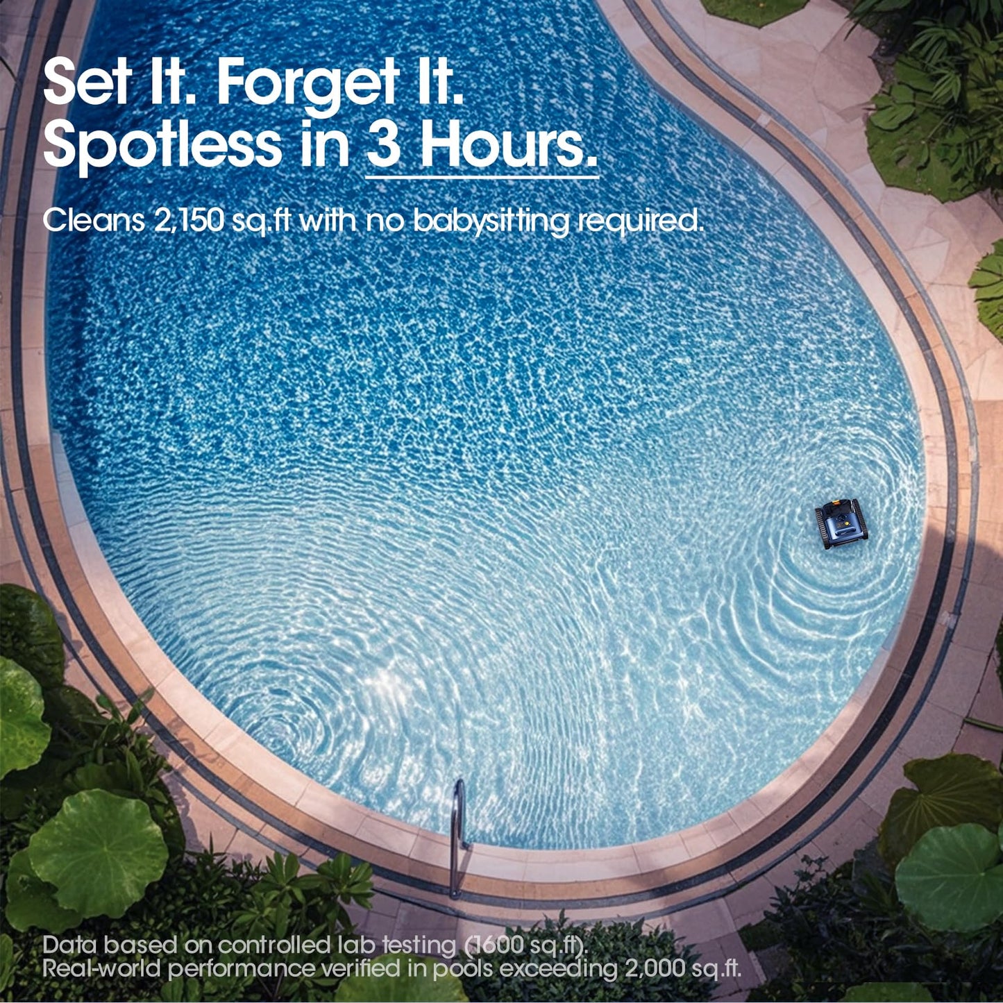 Cordless Robotic Pool Vacuum, Pool Cleaner with Track Drive & Sonar Navigation, 180W Brushless Motor, Wall & Waterline Climbing, 150-Min Runtime, for Inground & Above-Ground Pools up to 2150 Sq. Ft.