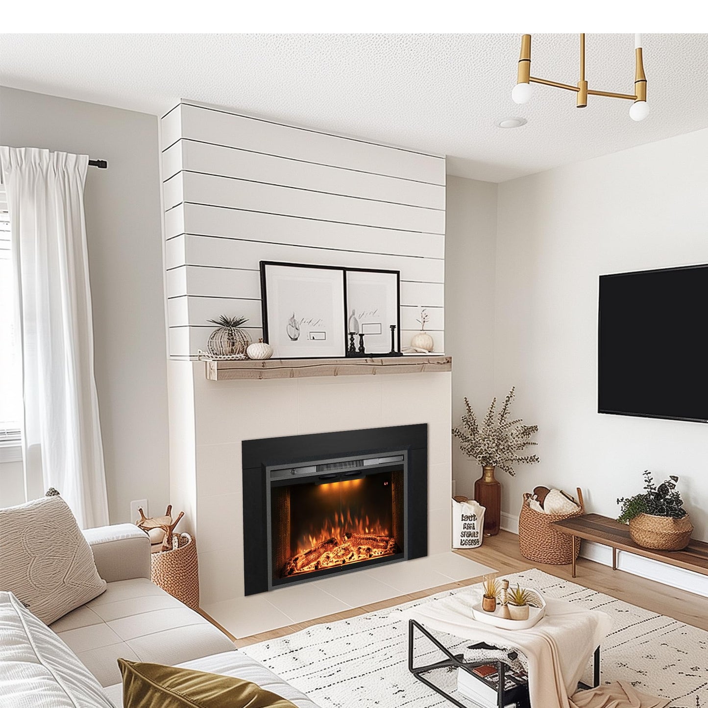 Velaychimny 44.5" W x 32" H Electric Fireplace Insert with Metal Trim Kit, Adjustable Flame, Fire Crackling Sound, Top Light Colors, Timer, Glass Door & Mesh Screen, Black