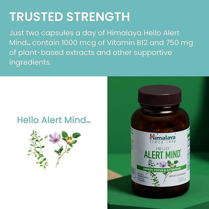 Himalaya Hello Alert Mind with L-Theanine, Ashwagandha, Bacopa, Vitamin B6 & B12, for Energy, Focus & Attention, Vegan, Gluten Free, 60 Capsules