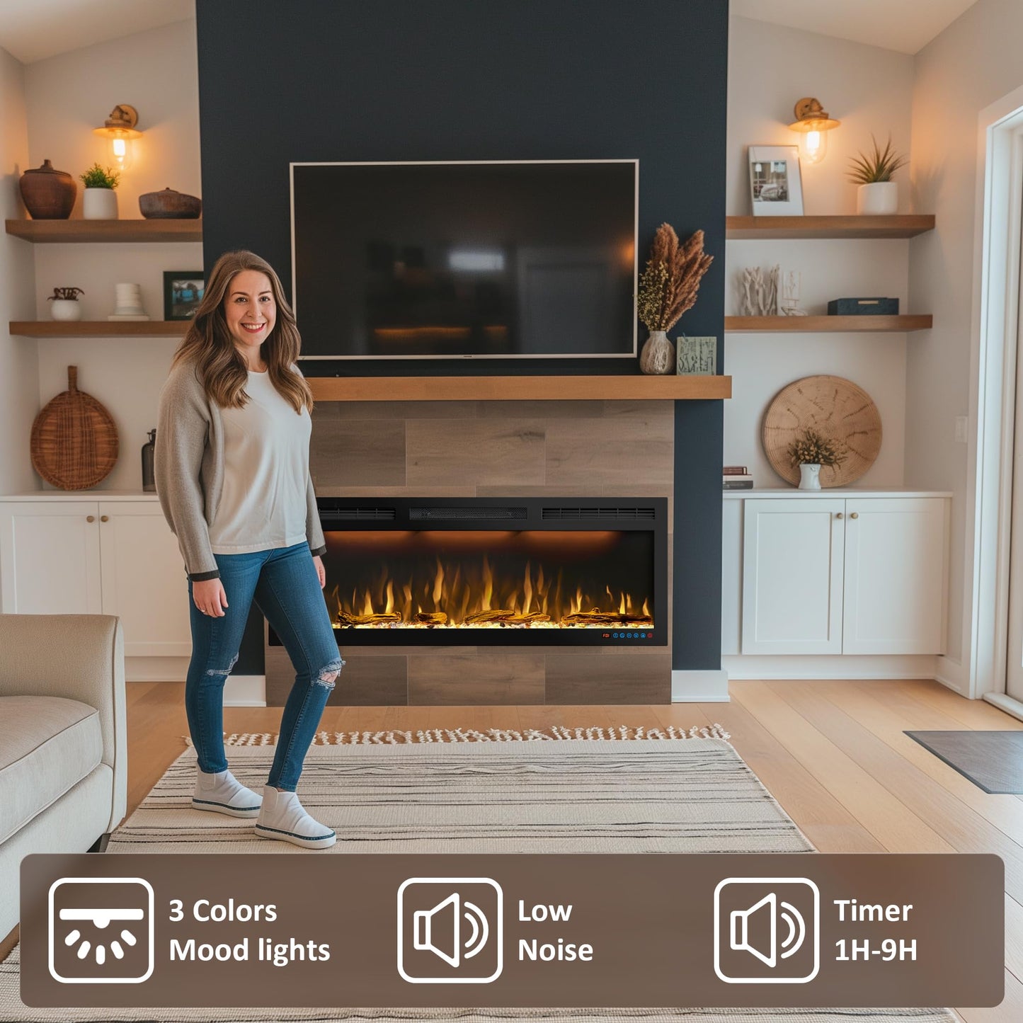 60 inches Electric Fireplace, Recessed and Wall Mounted Fireplace Heater and Linear Fireplace Inserts, with Timer, Remote Control, Adjustable Flame & Light Colors, 750W/1500W, Black