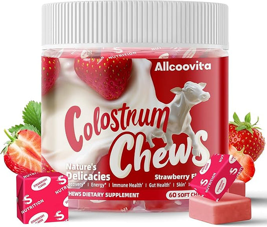 Bovine Colostrum Chews Supplement with probiotics for Gut Health, Bloating, Immune Support, Skin, Hair Growth and Beauty - Strawberry Flavor (60 Servings)