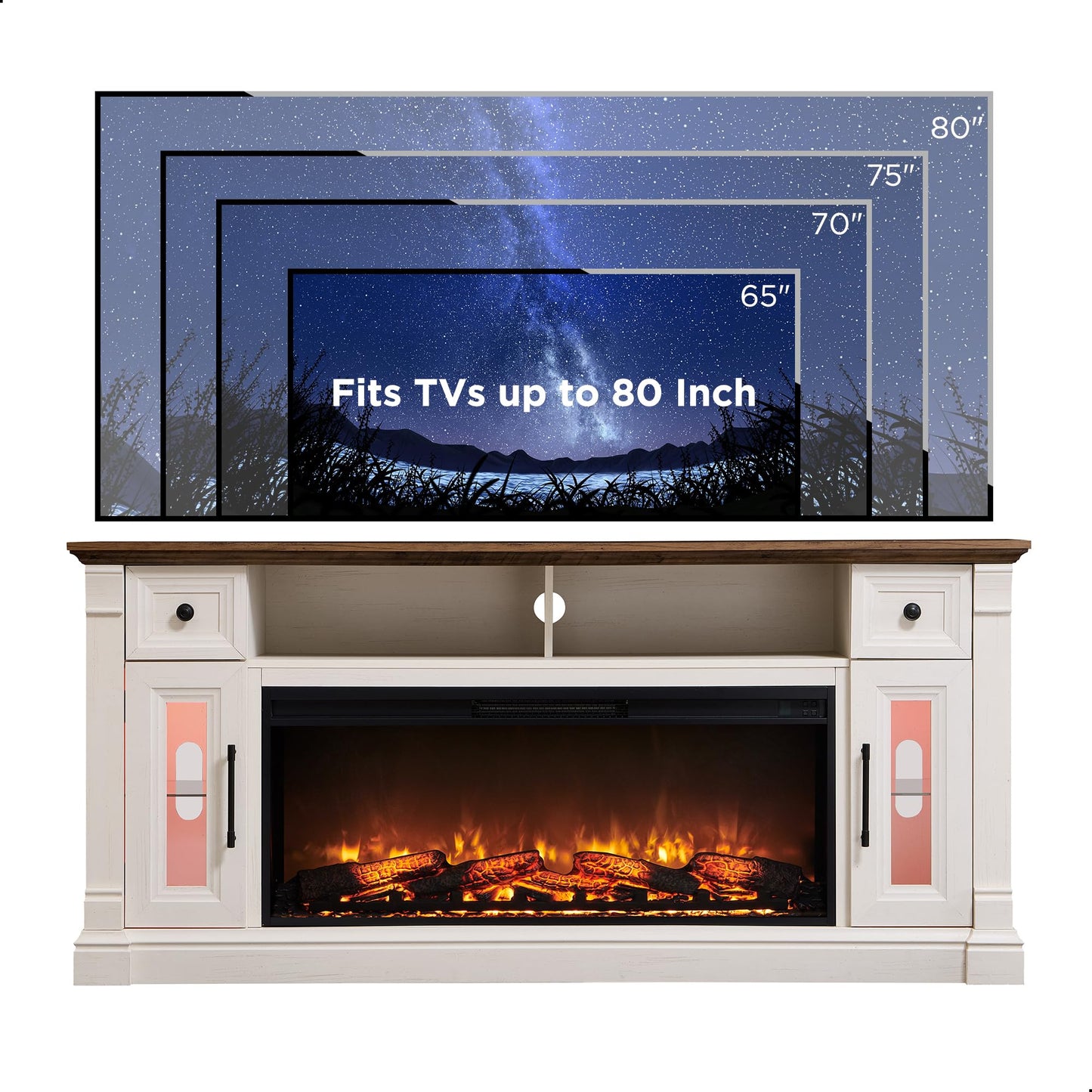 OKD Fireplace TV Stand for 80 Inch TV - Farmhouse Entertainment Center with 42" Electric Fireplace & LED Lights, Wood Media Console with Storage Drawers & Cabinets for Living Room, Antique White