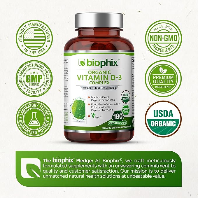 biophix Organic Vitamin D-3 Complex 10000 IU 180 Vcaps with Turmeric - High-Potency Supports Strong Bones Immune Health
