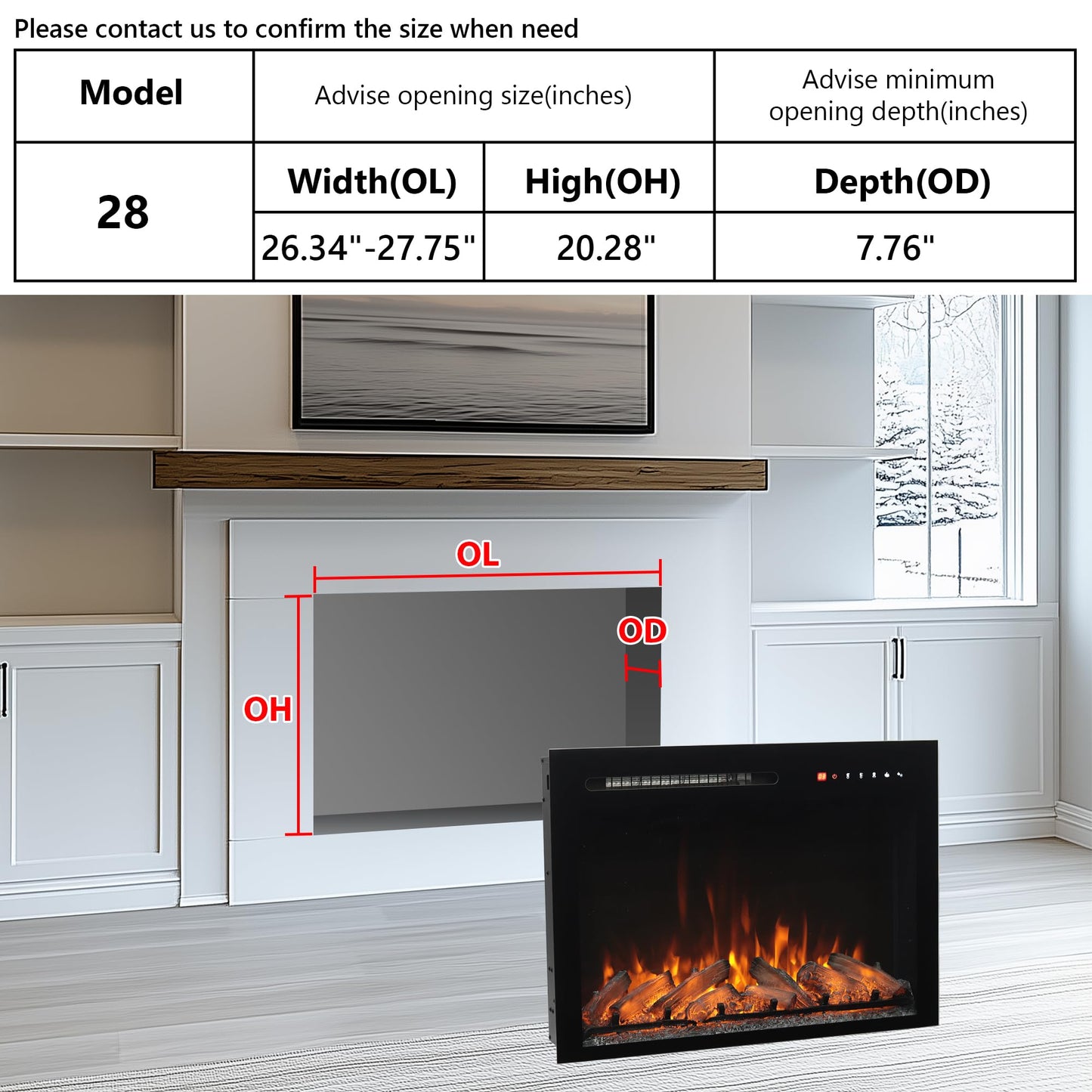 Oxhark Flame 28 in Wall Mounted & Recessed Electric Fireplace Inserts, Electric Fireplace Heater with Remote Control, 6 Levels Brightness, 9H Timer, Black, 1500W/750W