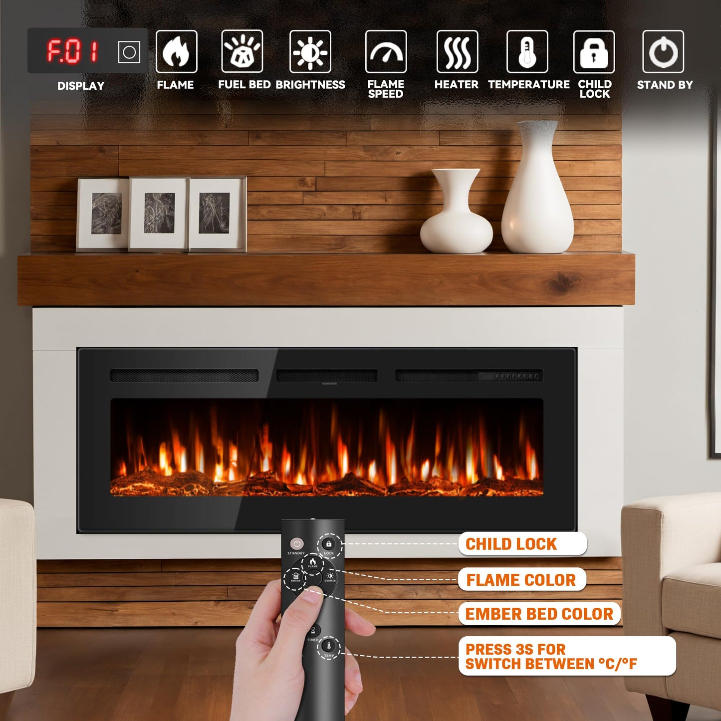 Manastin 50" Ultra-Thin Electric Fireplace Recessed and Wall Mounted with Remote Control, 12 Adjustable Color Fireplace Heater(60-99°F Thermostat), Low Noise, Timer, Child Lock