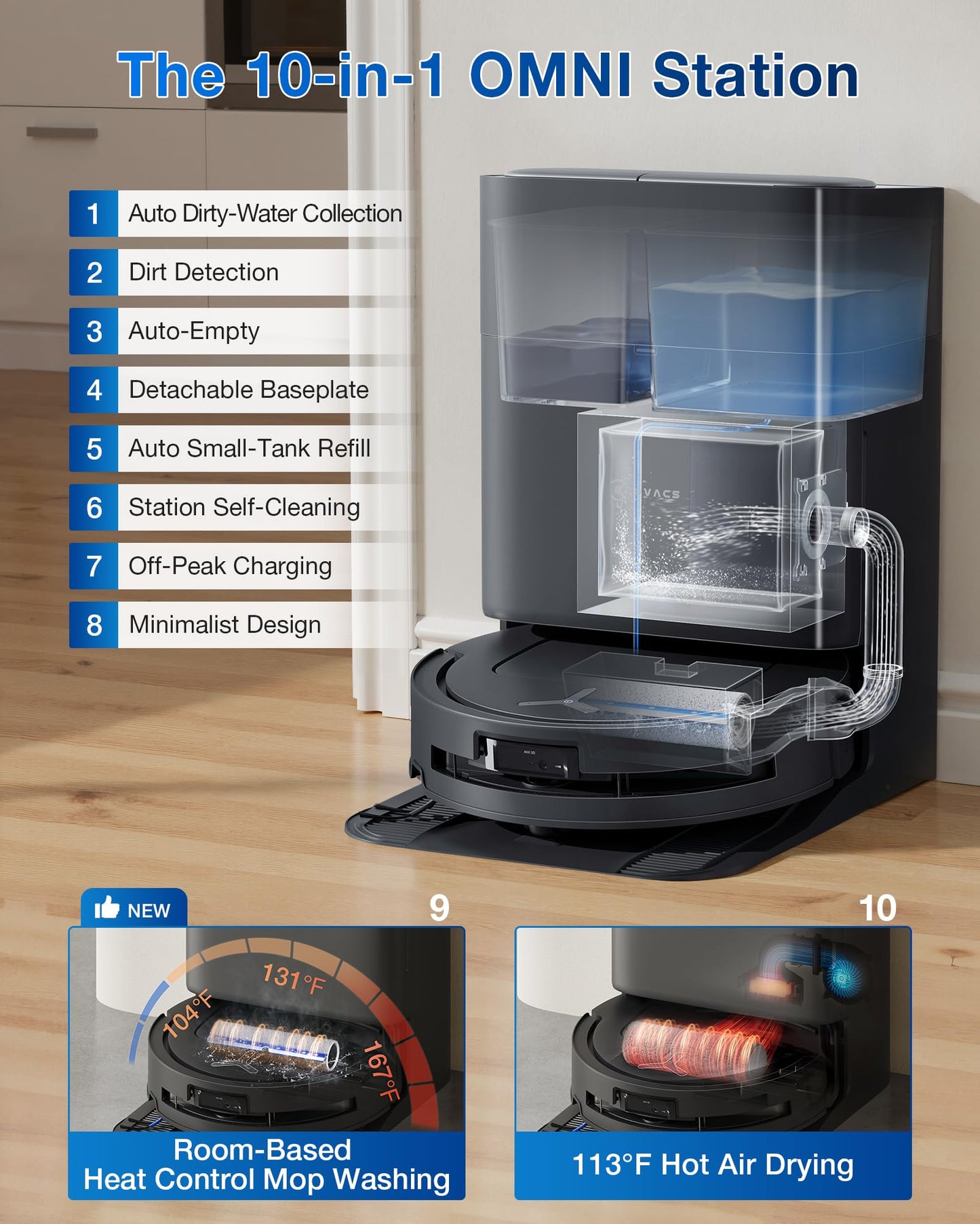 ECOVACS DEEBOT T80 Omni Robot Vacuum and Mop, 18,000Pa Suction, OZMO™ Roller Real-Time Mop Washing, Self-Emptying, Hot Air Drying, AI Navigation, Anti-Tangle Brush, for Pets, Carpets & Hard Floors