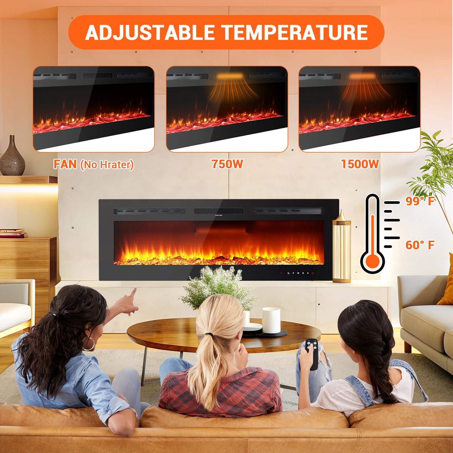 Takywep Electric Fireplace, 60 Inches, 5120 BTU Heat Output, 12 Flame Color, Black, Wall-Mounted or Recessed, Timer, Quiet Operation, Multicolor Flame, Faux Logs, Crystal Stones