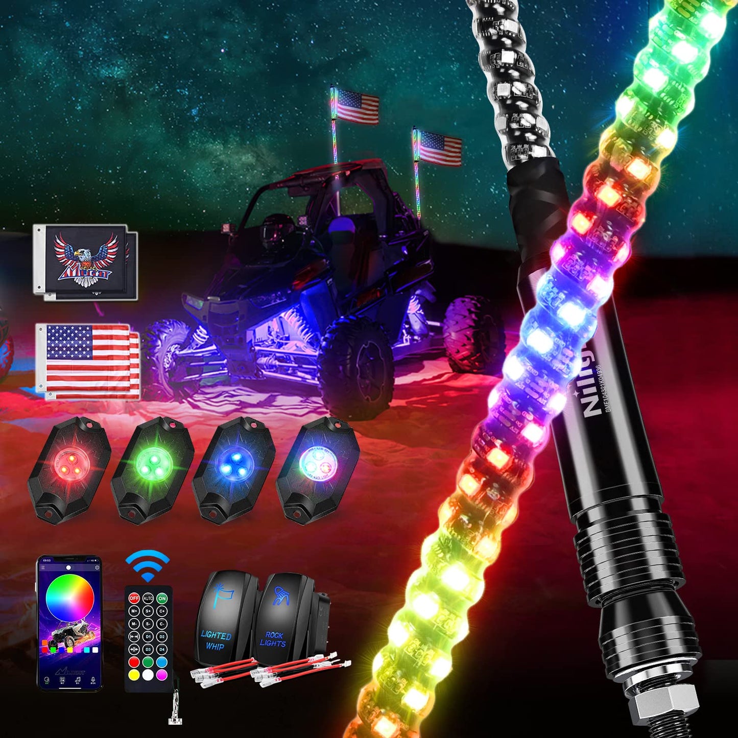 Nilight 2PCS 3FT RGB LED Whip Light and 4 PCS Rock Lights Combo, Remote & App Control w/DIY Chasing Patterns Stop Turn Reverse Safety Antenna Lighted Whips for ATV UTV