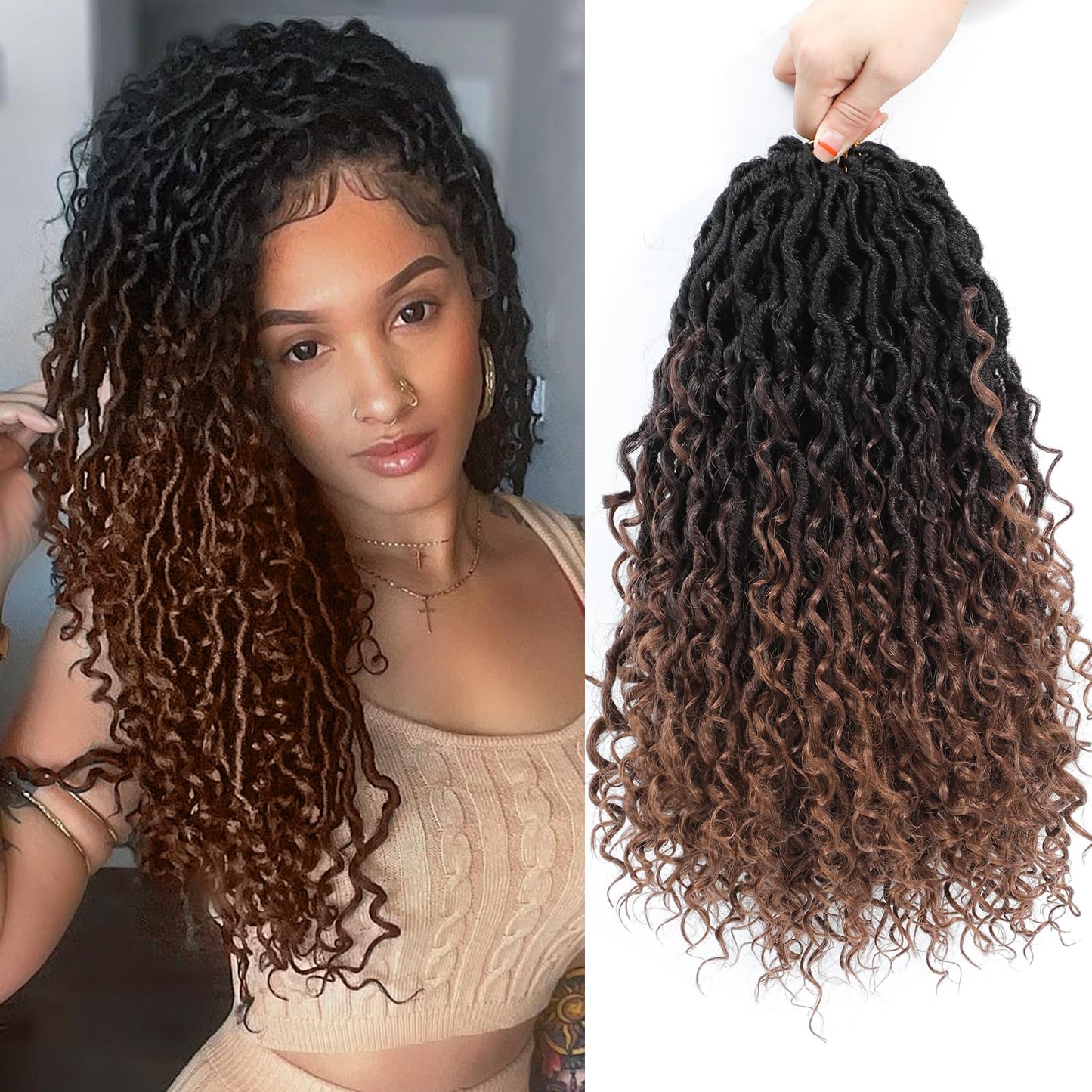 Col Bling Goddess Locs Crochet Hair 14 Inch 8 Packs Ombre Faux Locs Crochet Hair for Women Pre Looped Crochet Boho Goddess Faux Locs Crotchet Hair with Curly Ends #1B/4/30