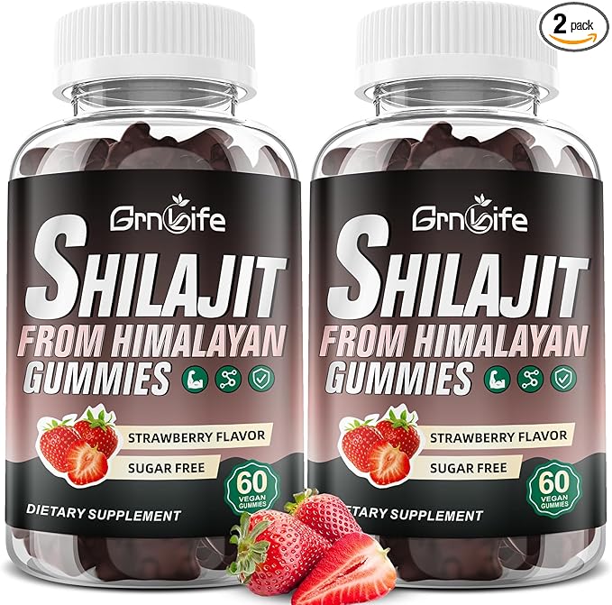 2PCS Pure Himalayan Shilajit Gummies for Men & Women, 1000MG Shilajit Supplement with 85+ Trace Minerals & Fulvic Acid for Energy, Immunity, Sugar-Free, Strawberry-120 Count