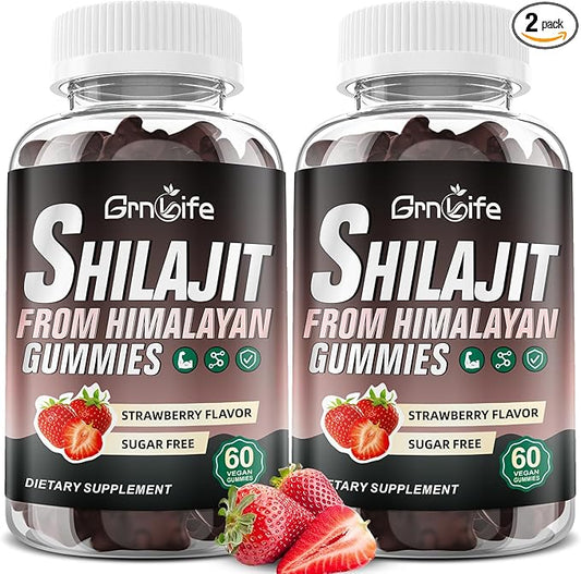 2PCS Pure Himalayan Shilajit Gummies for Men & Women, 1000MG Shilajit Supplement with 85+ Trace Minerals & Fulvic Acid for Energy, Immunity, Sugar-Free, Strawberry-120 Count