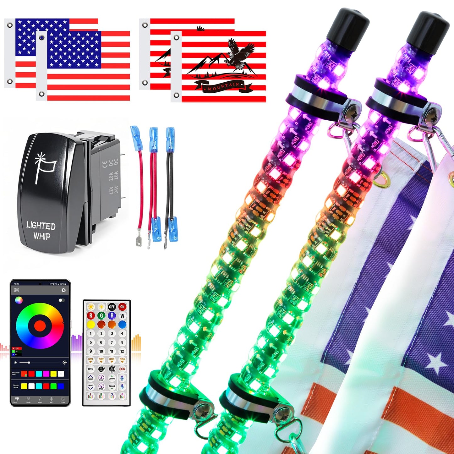 UNI-SHINE 2PCS 4FT LED Whip Lights with Spring Base Spiral RGB Chasing Lights with APP & Remote Control, Music Antenna Whip Light for Can-Am UTV ATV RZR Can-Am SXS Polaris Offroad