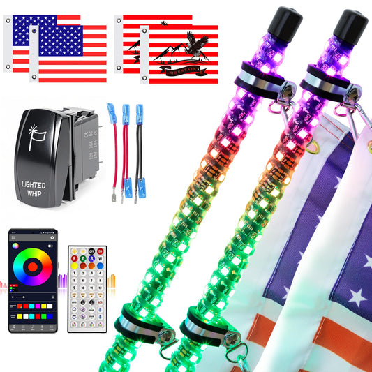 UNI-SHINE 2PCS 4FT LED Whip Lights with Spring Base Spiral RGB Chasing Lights with APP & Remote Control, Music Antenna Whip Light for Can-Am UTV ATV RZR Can-Am SXS Polaris Offroad