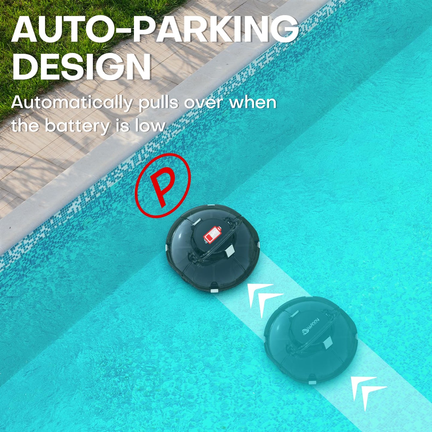 Cordless Robotic Pool Vacuum, Self-Parking Technology, Portable, Ideal for Above-Ground Flat Pool up to 645 Sq. Ft