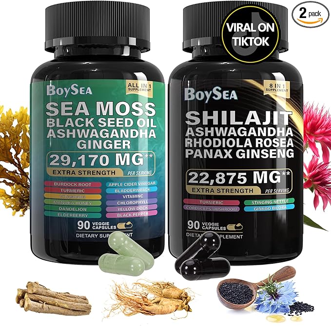 Boysea.Shilajit and Sea Moss Bundle- 90 Count - Sea Moss 7000mg, Black Seed Oil 4000mg, Ashwagandha 2000mg, Ginger & Shilajit 9000mg, Rhodiola Rosea 1000mg, All in 1 Supplements (1 Pack)