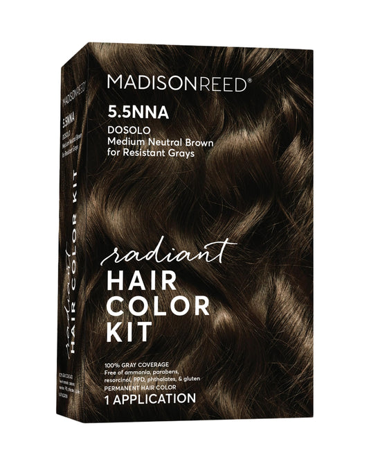 Madison Reed Radiant Hair Color Kit, Medium Neutral Brown for 100% Gray Coverage of Resistant Gray Hair, Ammonia-Free, 5.5NNA Dosolo Brown, Permanent Hair Dye, Pack of 1
