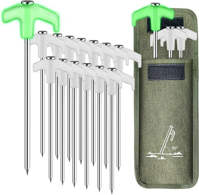 14 Pack Tent Stakes Heavy Duty, 7.8 Inch Glow-in-The-Dark Tent Pegs for Garden, Camping, Outdoor Hiking, Fishing and Camping