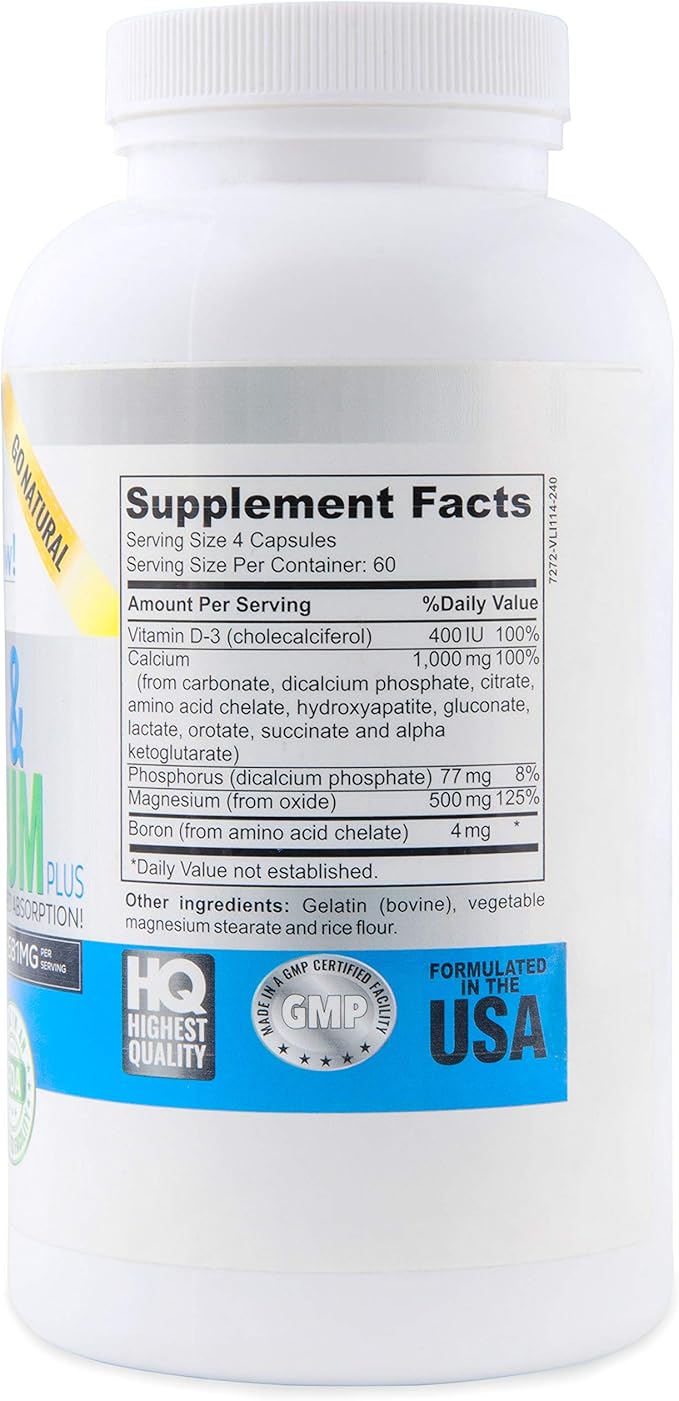 Best Calcium & Magnesium + Vitamin D3 400 IU - Highly Absorbable with Boron - 10 Forms of Calcium + Phosphorus for Bone Strength - All Natural - 240 Capsules - 2 Month Supply!