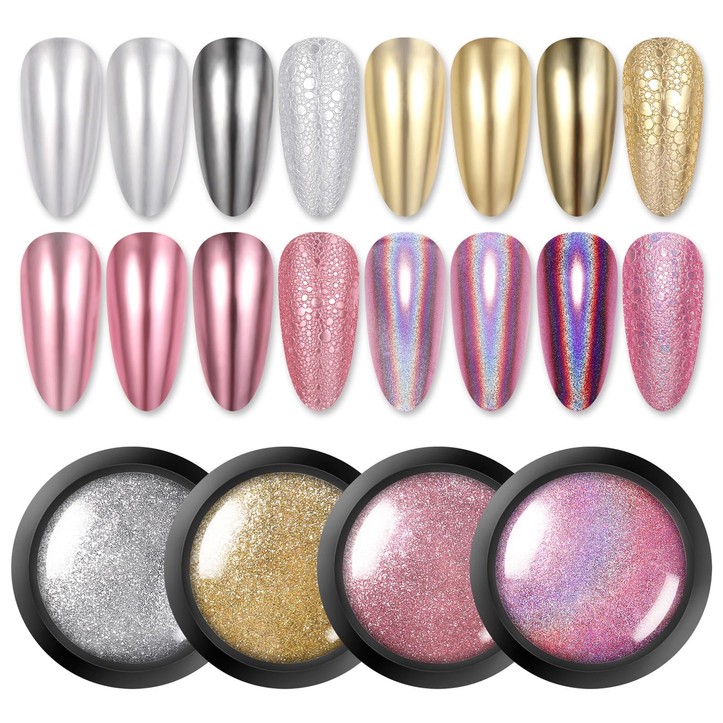 Born Pretty Chrome Nail Powder Metallic Mirror Powder Holographic Pigment Powder Manicure Nail Art Decoration Sets Silver Gold P