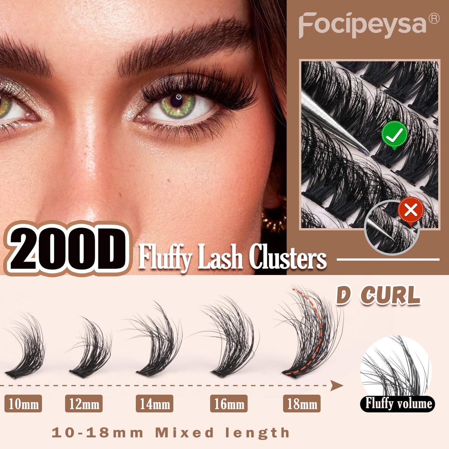 Focipeysa Lash Extension Kit Thick Eyelash Extension Kit 10-18mm Fluffy Lash Clusters 200D Individual Eyelashes Kit with Lash Bond, Lash Remover, Lash Applicator, DIY Lashes Extension
