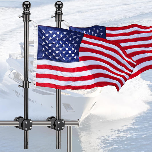 Boat Flag Pole, Pontoon Boat Accessories Flag Pole Kit with 12”x18” American Flag, 45 in Flag Pole, Holder Mount for 0.5"-1.1" Rails, Tangle Free Rings, Metal Black Marine Flags Pole for Yacht, 2 Pack