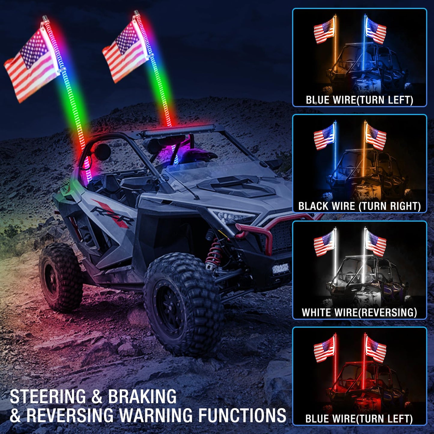 Uemicip 2PCS 4FT COB UTV Whip Lights,2024 New Upgrade Superbright LED Whip Lights,RGB Chasing Lights Whip Lights for Side by Side, Lighted Whip fit for UTV ATV RZR SXS Can-Am Polaris