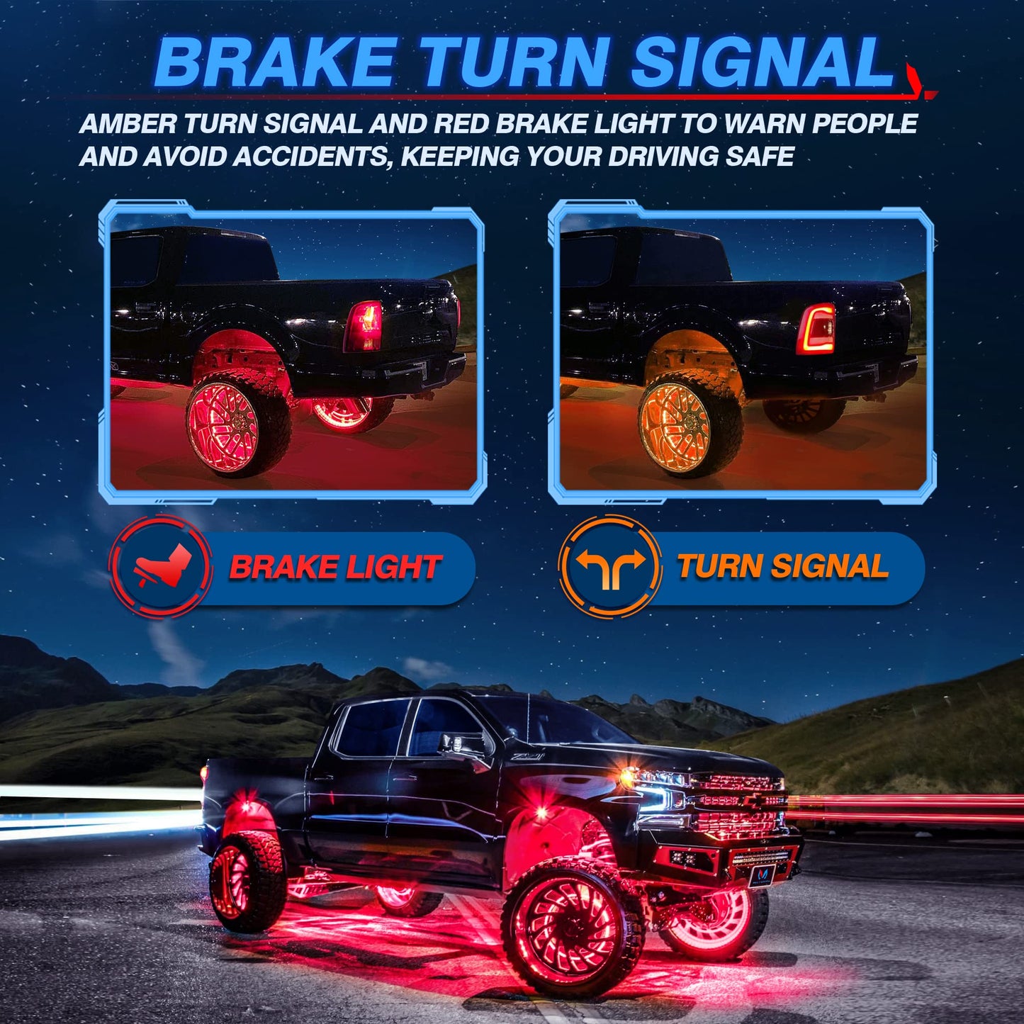 MICTUNING 17.5" V1 RGBW LED Wheel Lights Kit with APP Control & Music Sync Turn Signal, Brake Function, Pure Colors Neon Wheel Rim Lights for Trucks, SUVs, Cars (4PCS, Single Row)