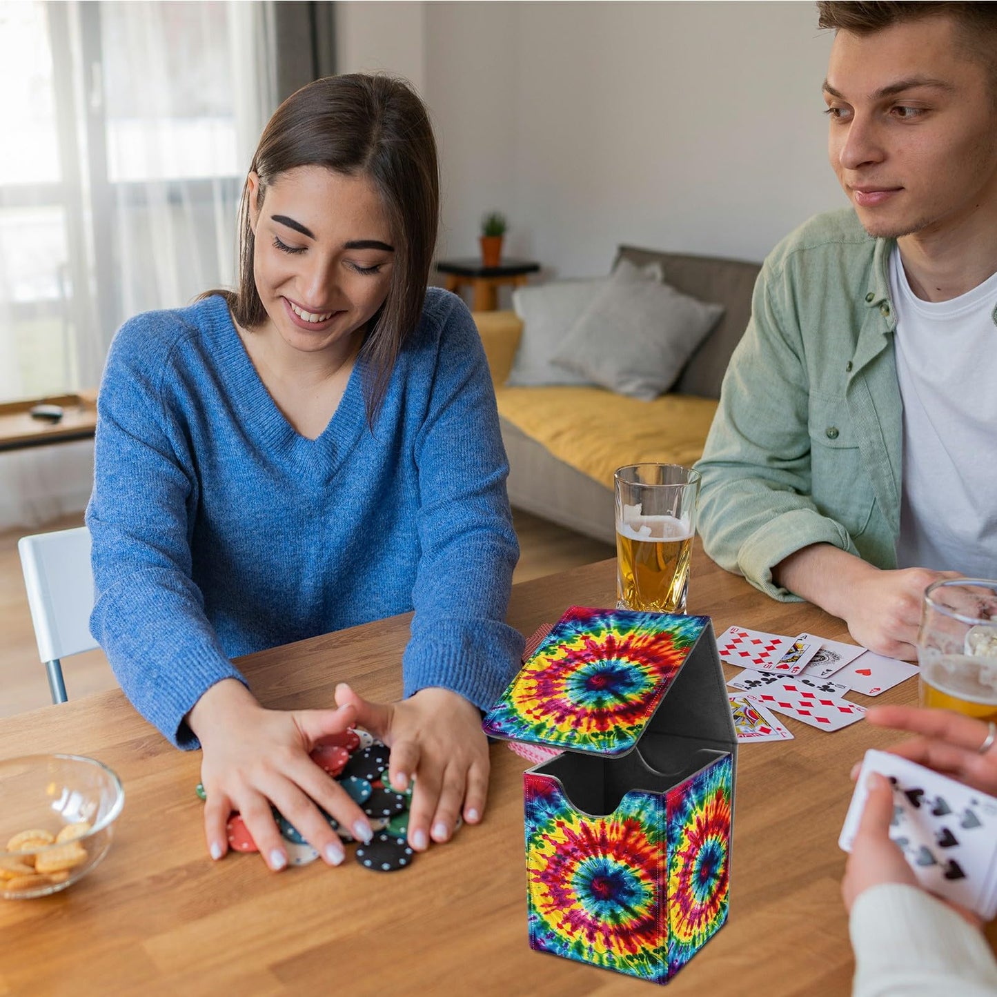 BREIDMKFM Card Deck Box for Trading Cards, MTG Commander Deck Box Fits 100+ Single Sleeved Cards, Leather Magnetic Card Storage Box for YuGiOh TCG CCG Cards, Rainbow Pattern