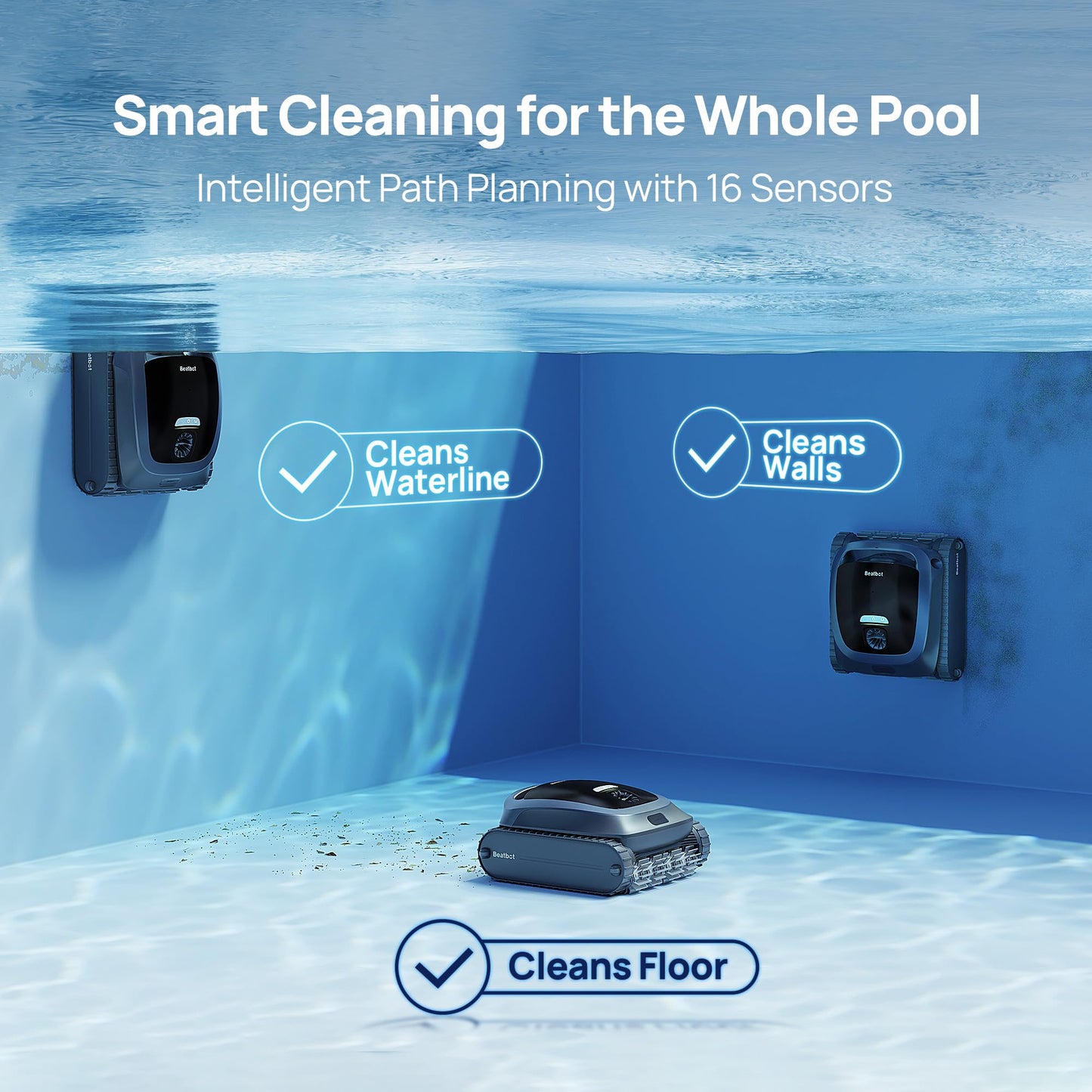 Beatbot AquaSense 2 Cordless Robotic Pool Vacuum Cleaner, Smart Surface Parking, Double-Pass Waterline Scrubbing, Cleans Floor, Walls, and Waterline, Above & In-Ground Pools up to 3,230 sq.ft - Blue