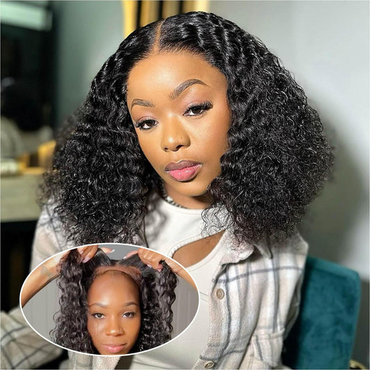 Ailwelia Deep 5x5 Hd Lace Closure Wigs Human Hair 200% Density Curly Bob Wig Deep Wave Closure Bob Wigs For Black Women Glueless Wigs Human Hair Pre Plucked 12 Inch
