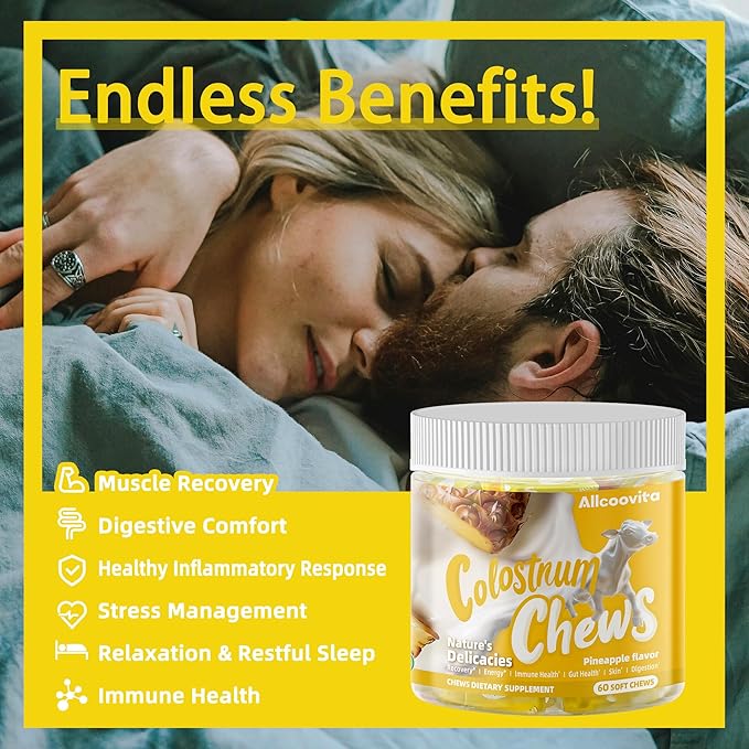 Bovine Colostrum Chews Supplement with probiotics for Gut Health, Bloating, Immune Support, Skin, Hair Growth and Beauty - Pineapple Flavor (60 Servings)