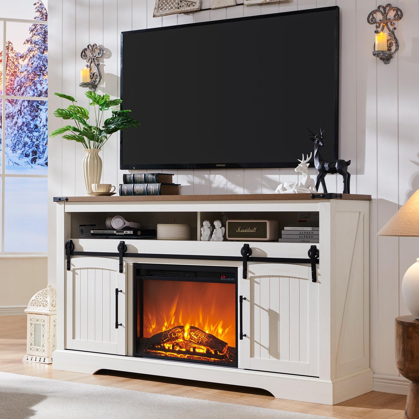 OKD Farmhouse Fireplace TV Stand for 70+ Inch TV, 33" Tall Highboy Entertainment Center w/Electric Fireplace, Rustic Media Console w/Sliding Arched Door for Living Room,Antique White
