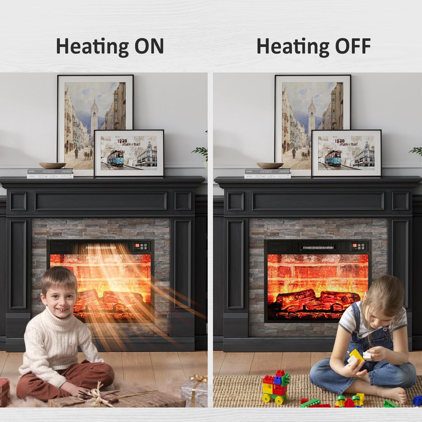 Naice 72" Electric Fireplace with Mantel and Cabinets, Fireplace TV Stand for Living Room Bedroom, Stacked Stone Surround and Remote Control 3D Realistic Flame, Black