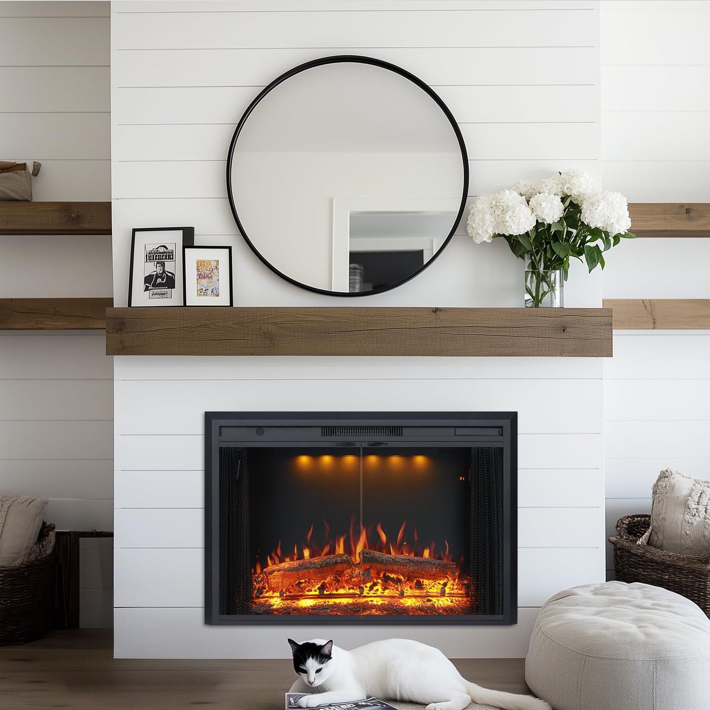 Valuxhome 35.63” W 27.5" H Electric Fireplace Insert with Low/High Temperature Settings, Movable Mesh Screen and Glass Door, 1-9H Timer, Remote and Panel Control