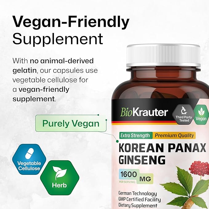 BIO KRAUTER Korean Red Ginseng Capsules - 1600 mg Strength - 100 Count - Korean Panax Ginseng Supplement - Vegan Immune Supplement
