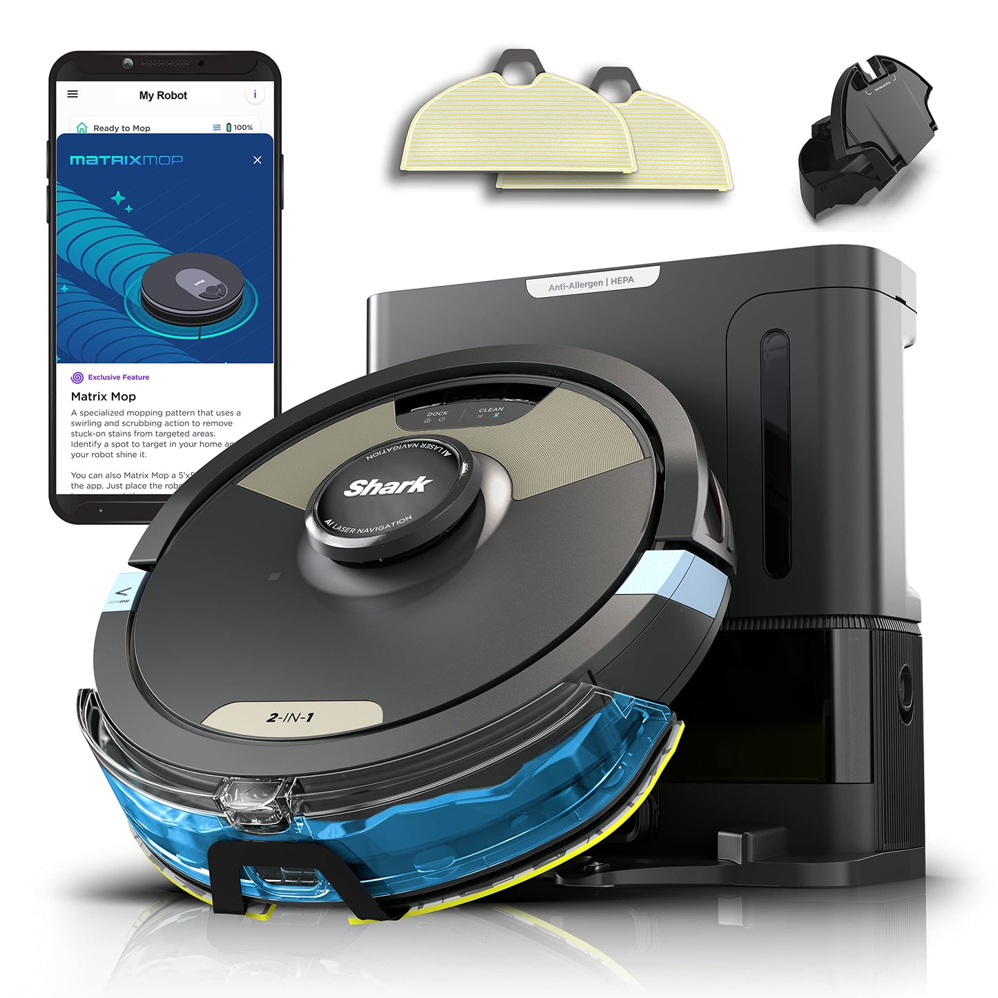Shark Robot Vacuum & Mop Combo, Powerful Suction, Matrix Plus, 60-Day Debris Capacity, HEPA Bagless Self Empty Base, Sonic Mopping, Home Mapping for Pet Hair - Carpets & Hardfloor, AV2610WA
