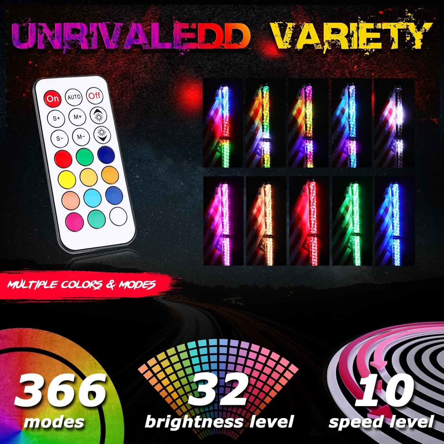 OFFROADTOWN 5FT LED Spiral RGB Whip Lights 2PCS w/RGB Chasing/Dancing Light, RF Remote Control, Lighted Antenna for UTV ATV RZR SXS Truck Polaris Can-Am