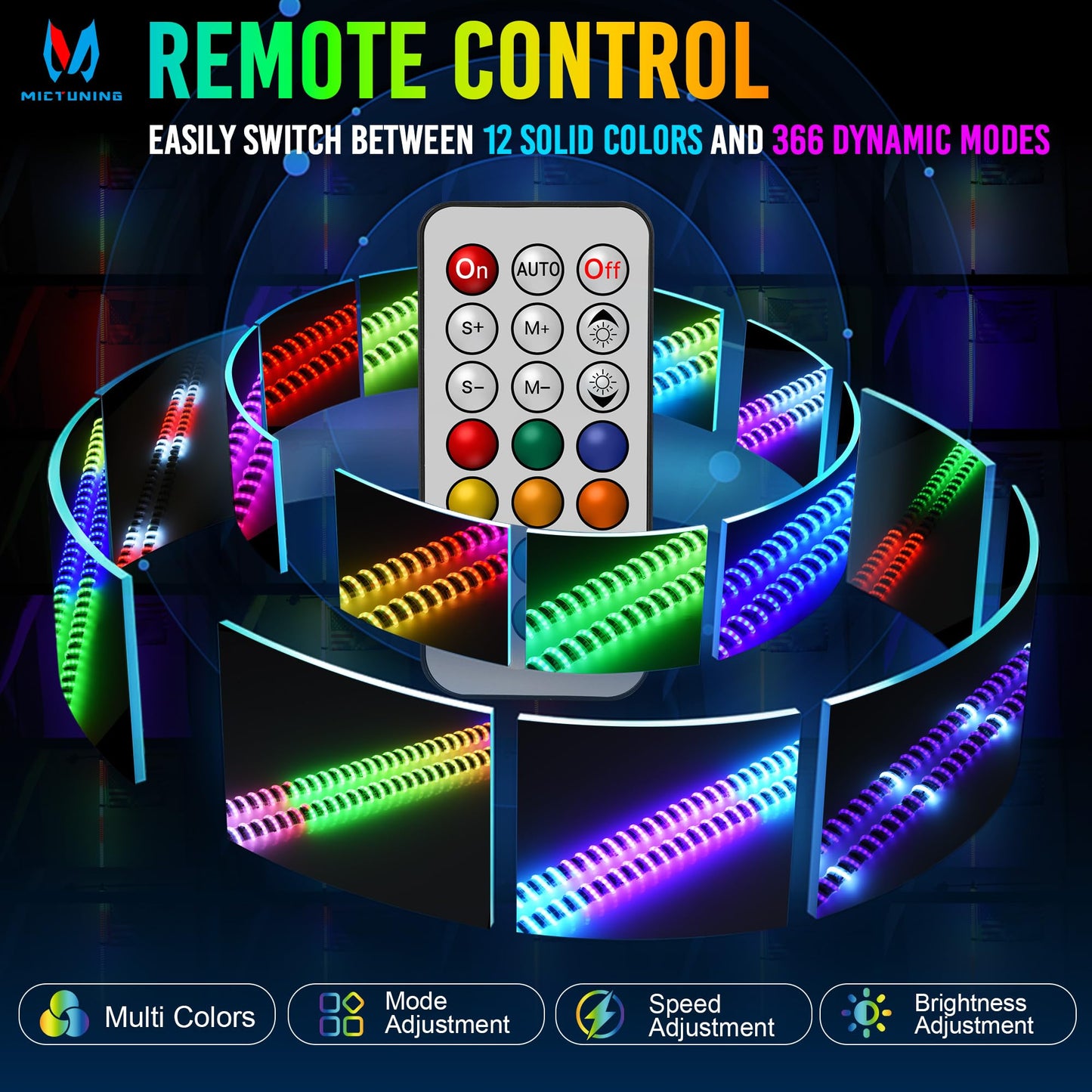 MICTUNING 2 Pack 4ft COB Whip Lights 360° Spring Base with 8 Flags, Remote Control, Rocker Switch RGB+IC Chasing/Dancing Light for ATV UTV RZR Can-Am