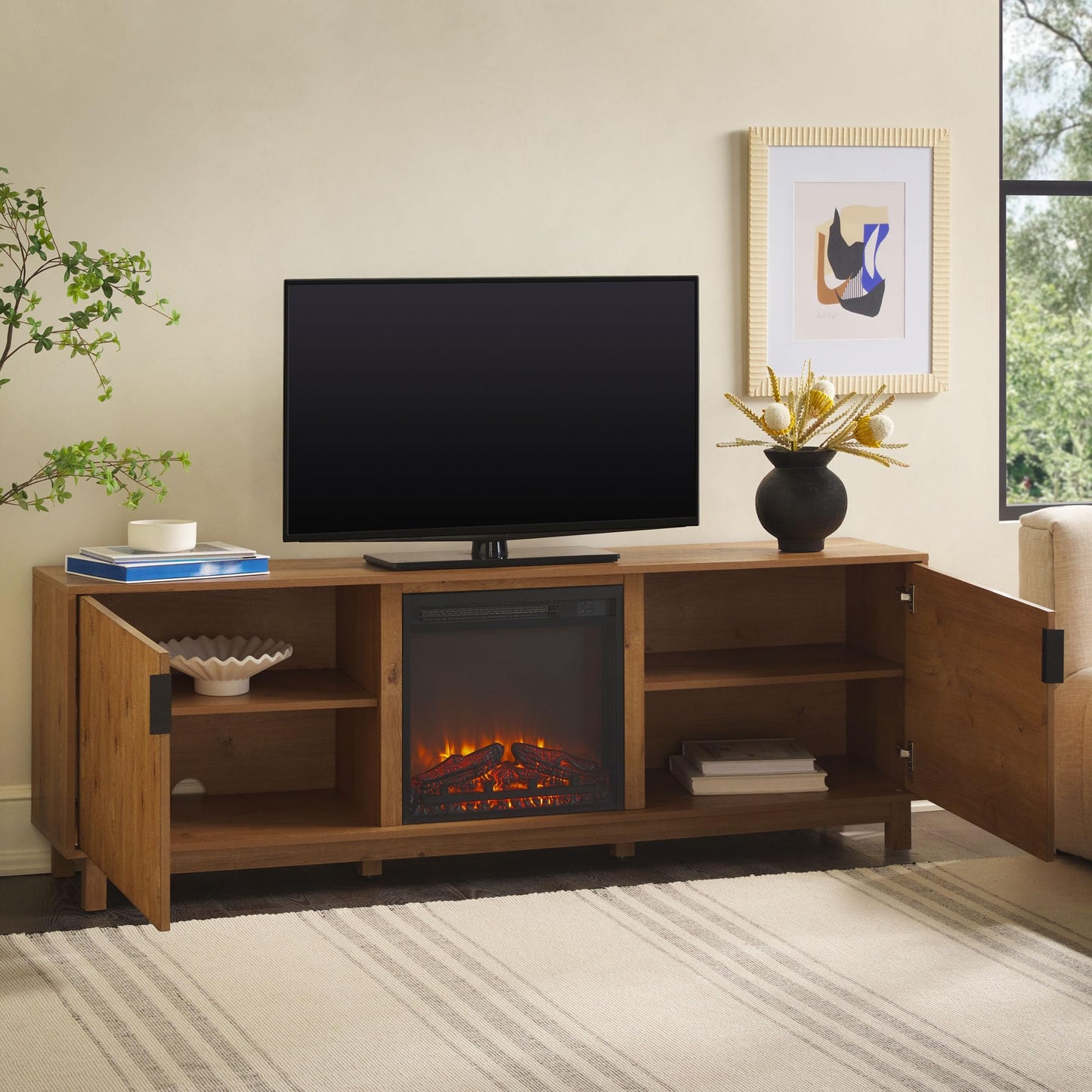Walker Edison Arundo Reeded TV Stand with Fireplace & Storage, 70" Fireplace, English Oak