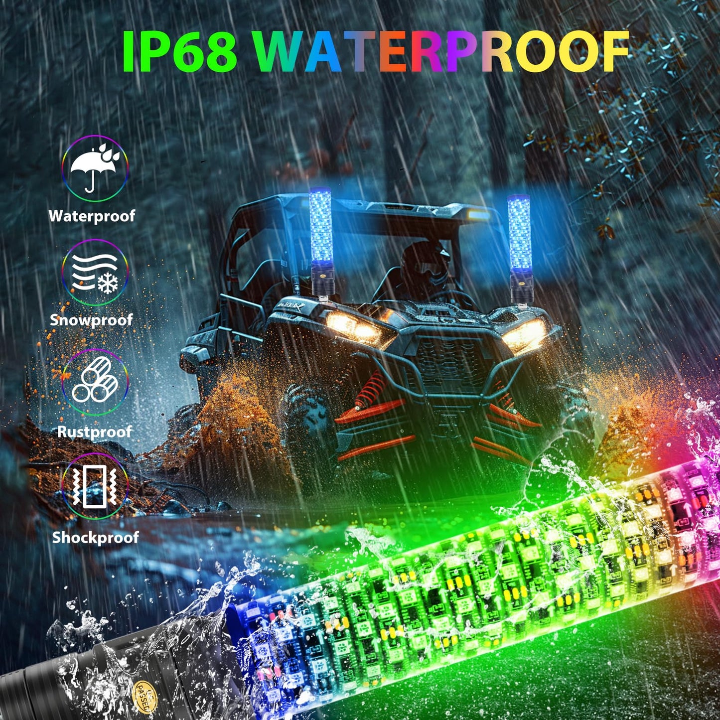 DEERMOTO 2PCS 1FT Fat Whip Light Spiral RGB LED Whip Lights with APP&Remote Control,Chasing Lighted Antenna Whips for UTV ATV Can-Am X3 RZR Can-Am Polaris Buggy Jeep Offroad Truck (1ft)