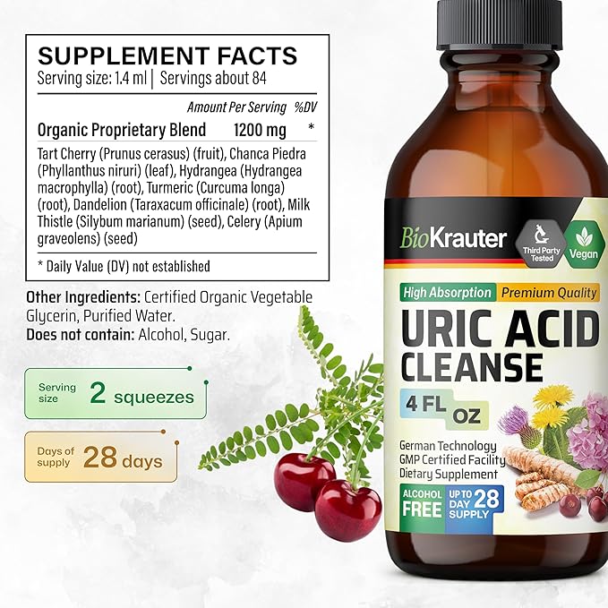 BIO KRAUTER Uric Acid Support Tincture - Natural Kidney Supplement w/Tart Cherry, Milk Thistle, Turmeric Herbal Liquid Extracts - Vegan Drops 4 Fl.Oz.