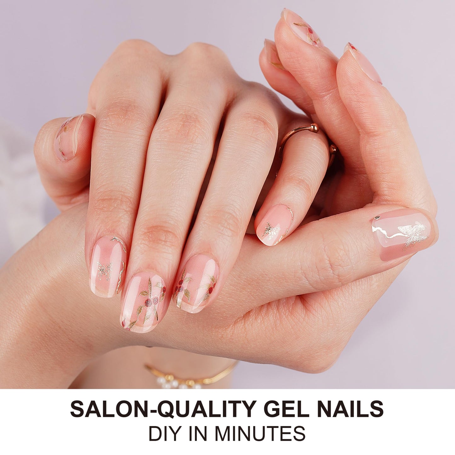 DANNI & TONI Semi Cured Gel Nail Strips Rose Hip (Blossom) Golden Butterfly Gel Nail Wraps UV Led Nails 28 Stickers Gift for Women