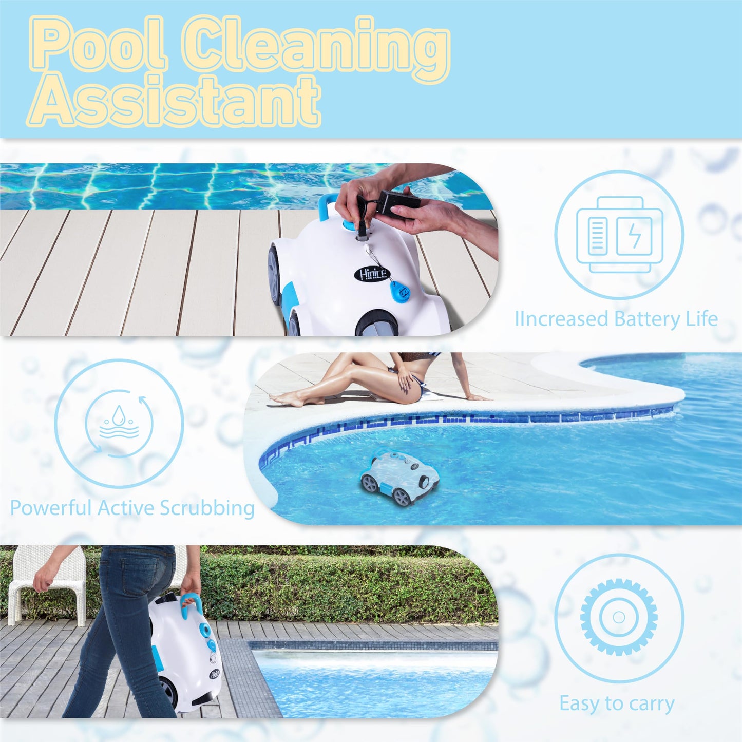 Hinice Cordless Robotic Pool Cleaner,Automatic Pool Vacuum Robot for In-Ground/Above Ground Pools,150 Min Runtime, IPX8 Waterproof, 2200 Sq Ft Coverage (White)