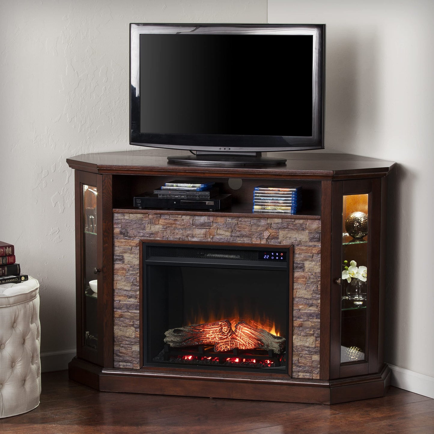 SEI Furniture Redden Faux Stone Corner Convertible Electric Fireplace with Media Storage, New Espresso