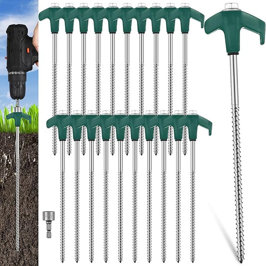 Hicarer 20 Pcs 8'' Screw in Tent Stakes Heavy Duty Ground Anchors Screw in Tent Pegs Ground Stakes Tent Spikes Metal Tent Spikes with Hex Head Driver for Camping Garden Canopies (Dark Green)